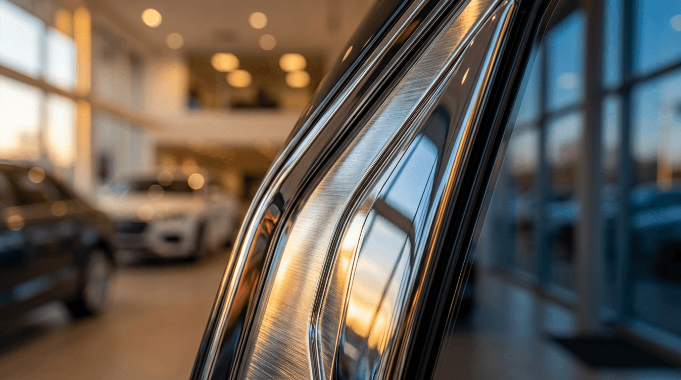 Freshly polished chrome bumper and grille of a diesel truck gleaming under professional lighting